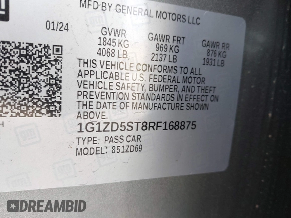 2024 Chevrolet Malibu LT with VIN 1G1ZD5ST8RF168875, listed as a IAAI auction lot 42187230 with 38,177 mi miles and . Bid and sale history available at DreamBid. Image 9.