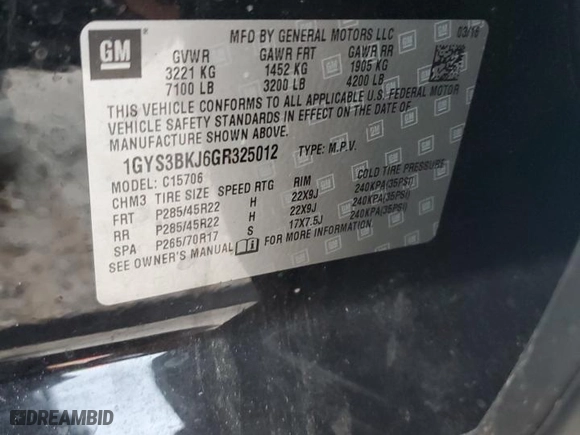2016 Cadillac Escalade Luxury Collection with VIN 1GYS3BKJ6GR325012, listed as a Copart auction lot 77268684 with 0 mi miles and Salvage Title. Bid and sale history available at carsss.com. Image 14.
