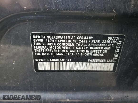 2013 Volkswagen CC VR6 Lux with VIN WVWHU7AN6DE509321, listed as a Copart auction lot 47990795 with 441,969 mi miles and Salvage Title. Bid and sale history available at carsss.com. Image 12.