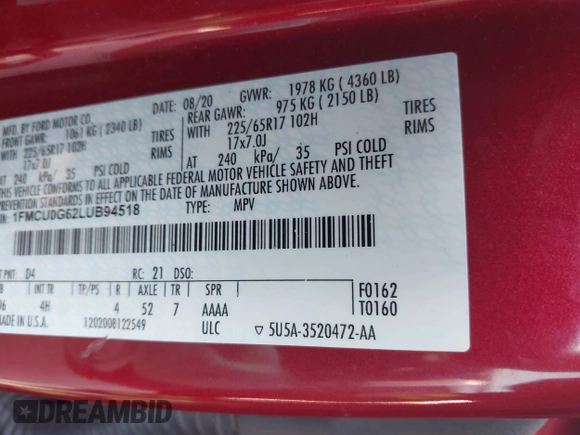 2020 Ford Escape SE with VIN 1FMCU0G62LUB94518, listed as a IAAI auction lot 42059244 with 62,543 mi miles and . Bid and sale history available at DreamBid. Image 9.