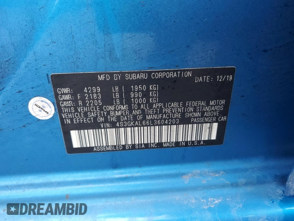 2020 Subaru Impreza Special Sports с VIN 4S3GKAL66L3604203, выставлен на аукционе Copart как лот 47420705 с пробегом 73 899 миль миль и Списание • Salvage title. История ставок и продаж доступна на DreamBid. Изображение 13.
