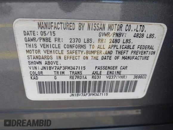 2015 Infiniti Q50 with VIN JN1BV7AP3FM347115, listed as a IAAI auction lot 42787619 with 213,995 mi miles and . Bid and sale history available at DreamBid. Image 9.