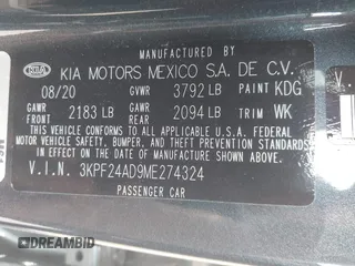 2021 Kia Forte LXS с VIN 3KPF24AD9ME274324, выставлен на аукционе IAAI как лот 42452286 с пробегом 24 577 миль миль и . История ставок и продаж доступна на DreamBid. Изображение 9.