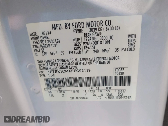 2014 Ford F-150 XL with VIN 1FTEX1CMXEFC92119, listed as a IAAI auction lot 41605366 with 231,453 mi miles and . Bid and sale history available at DreamBid. Image 9.