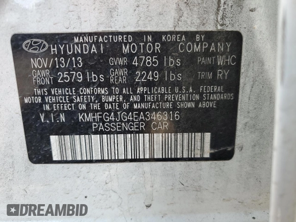 2014 Hyundai Azera with VIN KMHFG4JG4EA346316, listed as a Copart auction lot 86545734 with 155,590 mi miles and Salvage title. Bid and sale history available at DreamBid. Image 12.