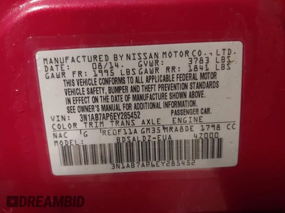 2014 Nissan Sentra S with VIN 3N1AB7AP6EY285452, listed as a IAAI auction lot 41514976 with 77,762 mi miles and . Bid and sale history available at carsss.com. Image 9.