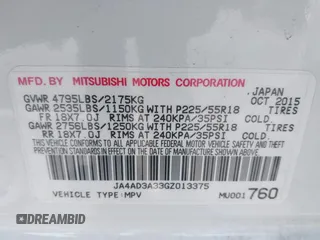 2016 Mitsubishi Outlander SE with VIN JA4AD3A33GZ013375, listed as a IAAI auction lot 42515722 with 106,804 mi miles and . Bid and sale history available at DreamBid. Image 9.