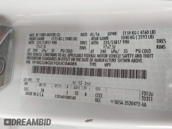 2016 Ford Escape SE with VIN 1FMCU9GX1GUC04085, listed as a IAAI auction lot 42126826 with 130,728 mi miles. Bid and sale history available at carsss.com. Image 9.