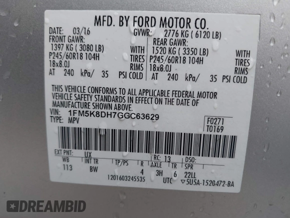 2016 Ford Explorer XLT with VIN 1FM5K8DH7GGC63629, listed as a IAAI auction lot 41506309 with 130,387 mi miles and . Bid and sale history available at DreamBid. Image 9.