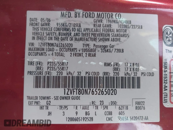 2006 Ford Mustang Standard with VIN 1ZVFT80N765265020, listed as a IAAI auction lot 41847731 with 156,852 mi miles. Bid and sale history available at carsss.com. Image 9.