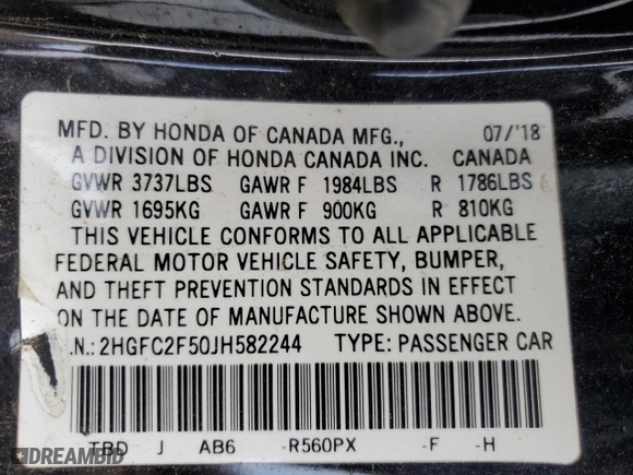 2018 Honda Civic Sedan LX with VIN 2HGFC2F50JH582244, listed as a Copart auction lot 53786895 with 0 mi miles and Salvage Title. Bid and sale history available at carsss.com. Image 12.