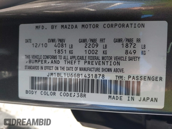 2011 Mazda Mazda3 s Sport with VIN JM1BL1U66B1431878, listed as a IAAI auction lot 41991974 with 44,302 mi miles. Bid and sale history available at carsss.com. Image 9.