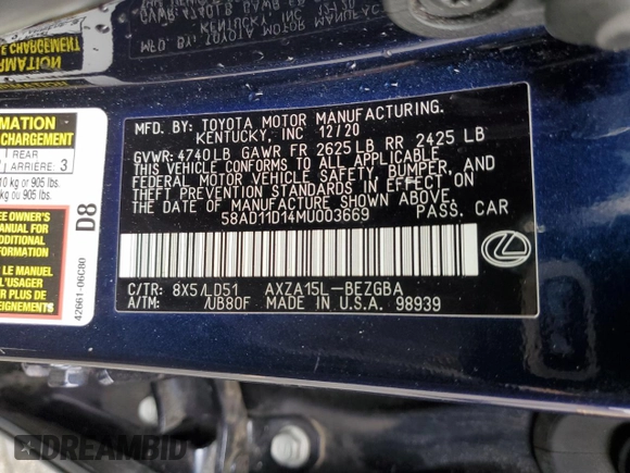 2021 Lexus ES 250 with VIN 58AD11D14MU003669, listed as a Copart auction lot 50762165 with 25,117 mi miles and Salvage title. Bid and sale history available at DreamBid. Image 12.