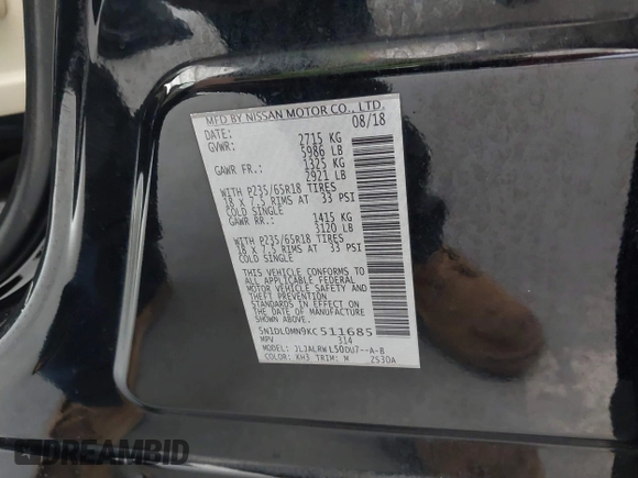2019 Infiniti QX60 Luxe with VIN 5N1DL0MN9KC511685, listed as a IAAI auction lot 42669346 with 249,322 mi miles and . Bid and sale history available at DreamBid. Image 9.