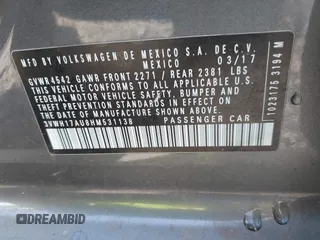 2017 Volkswagen Golf S z VIN 3VWH17AU8HM531138, wystawiony jako IAAI lot #41924960 z przebiegiem 85 921 mil mil oraz . Historia ofert i sprzedaży dostępna na DreamBid. Obrazek 9.