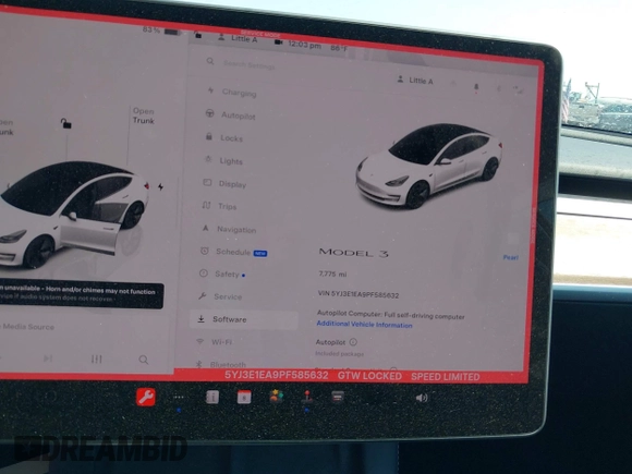 2023 Tesla Model 3 with VIN 5YJ3E1EA9PF585632, listed as a IAAI auction lot 40520993 with 7,775 mi miles and . Bid and sale history available at DreamBid. Image 16.