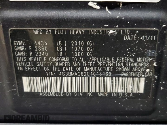 2012 Subaru Legacy Premium with VIN 4S3BMAG62C1015160, listed as a Copart auction lot 50499135 with 185,152 mi miles and Salvage title. Bid and sale history available at DreamBid. Image 12.