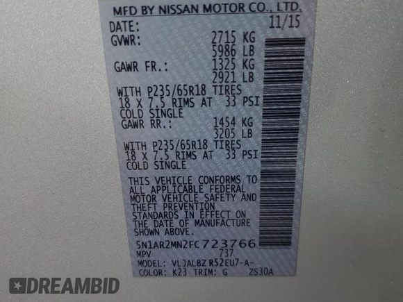 2015 Nissan Pathfinder SV with VIN 5N1AR2MN2FC723766, listed as a Copart auction lot 47311005 with 119,360 mi miles and Salvage title. Bid and sale history available at DreamBid. Image 13.
