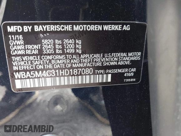2017 BMW 5 Series 535i xDrive z VIN WBA5M4C31HD187080, wystawiony jako IAAI lot #42543064 z przebiegiem 117 325 mil mil oraz . Historia ofert i sprzedaży dostępna na DreamBid. Obrazek 9.