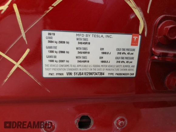 2019 Tesla Model S 75D z VIN 5YJSA1E29KF347384, wystawiony jako Copart lot #50622555 z przebiegiem Nie podano mil oraz Szkoda całkowita • Salvage title. Historia ofert i sprzedaży dostępna na DreamBid. Obrazek 12.