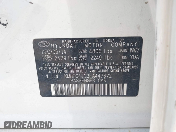 2015 Hyundai Azera z VIN KMHFG4JG3FA447672, wystawiony jako IAAI lot #42474930 z przebiegiem 125 425 mil mil oraz . Historia ofert i sprzedaży dostępna na DreamBid. Obrazek 9.
