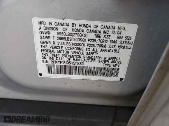 2005 Honda Pilot LX z VIN 2HKYF18195H511883, wystawiony jako Copart lot #53754595 z przebiegiem 269 419 mil mil oraz Szkoda całkowita • Salvage title. Historia ofert i sprzedaży dostępna na DreamBid. Obrazek 14.