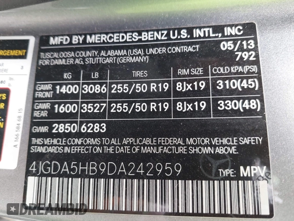 2013 Mercedes-Benz M 350 with VIN 4JGDA5HB9DA242959, listed as a IAAI auction lot 42447266 with 90,782 mi miles and . Bid and sale history available at DreamBid. Image 9.