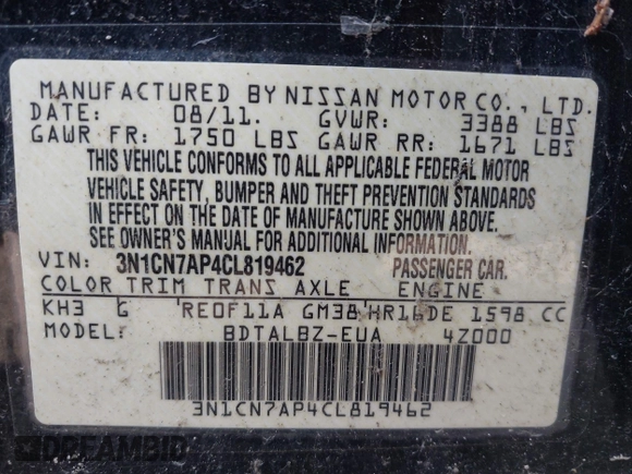 2012 Nissan Versa SV with VIN 3N1CN7AP4CL819462, listed as a IAAI auction lot 42576247 with Not provided miles and . Bid and sale history available at DreamBid. Image 9.