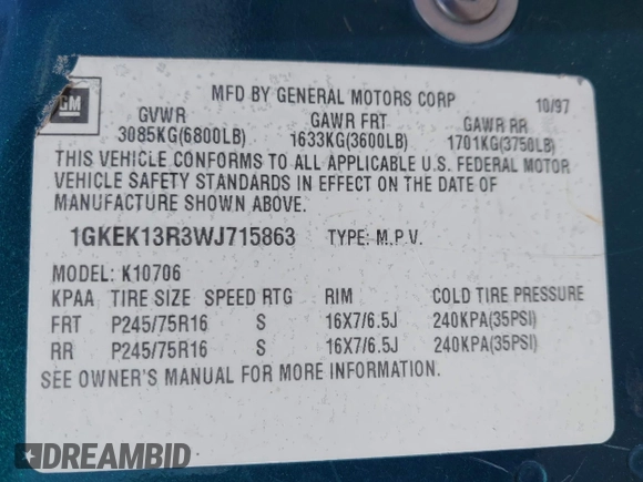 1998 GMC Yukon z VIN 1GKEK13R3WJ715863, wystawiony jako IAAI lot #42410130 z przebiegiem 154 139 mil mil oraz . Historia ofert i sprzedaży dostępna na DreamBid. Obrazek 9.