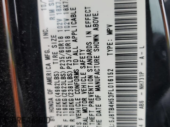 2015 Acura RDX Tech Pkg with VIN 5J8TB4H53FL016152, listed as a Copart auction lot 87653105 with 117,478 mi miles and Salvage Title. Bid and sale history available at carsss.com. Image 13.