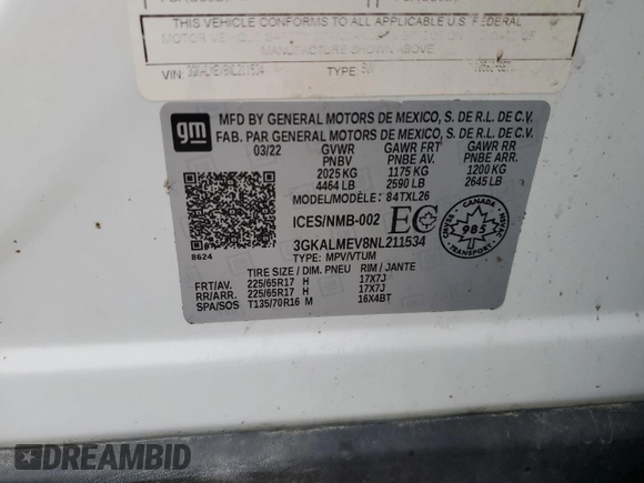 2022 GMC Terrain SLE with VIN 3GKALMEV8NL211534, listed as a Copart auction lot 43429065 with 51,386 mi miles and Salvage Title. Bid and sale history available at carsss.com. Image 12.