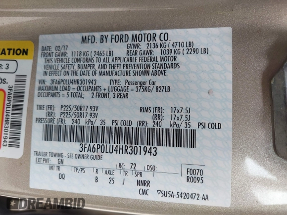 2017 Ford Fusion Hybrid SE с VIN 3FA6P0LU4HR301943, выставлен на аукционе IAAI как лот 42217709 с пробегом 102 791 миль миль и . История ставок и продаж доступна на DreamBid. Изображение 9.