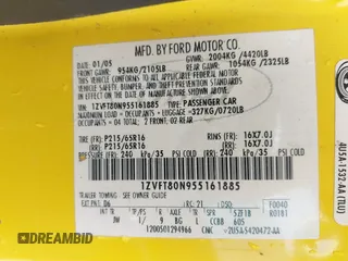 2005 Ford Mustang Deluxe с VIN 1ZVFT80N955161885, выставлен на аукционе IAAI как лот 42520931 с пробегом 240 753 миль миль и . История ставок и продаж доступна на DreamBid. Изображение 9.