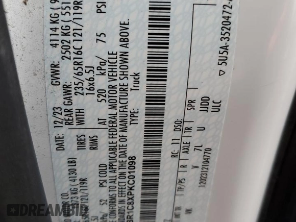 2023 Ford Transit Cargo with VIN 1FTBR1C8XPKC01098, listed as a Copart auction lot 43004965 with Not Provided miles and Salvage Title. Bid and sale history available at carsss.com. Image 14.