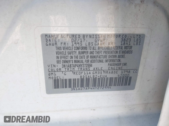 2017 Nissan Sentra SV с VIN 3N1AB7AP4HY272994, выставлен на аукционе IAAI как лот 42565740 с пробегом 105 580 миль миль и . История ставок и продаж доступна на DreamBid. Изображение 9.