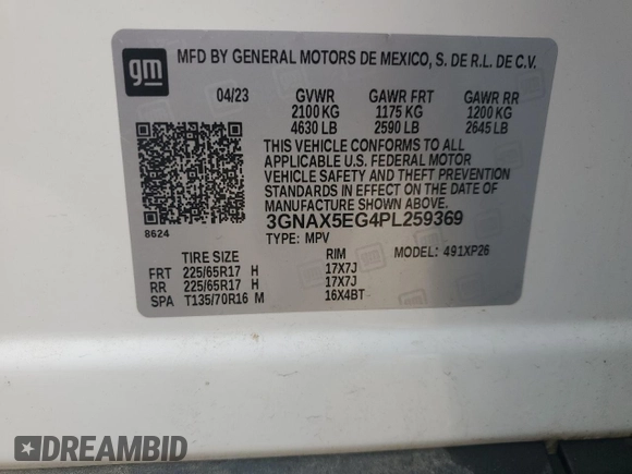 2023 Chevrolet Equinox LS with VIN 3GNAX5EG4PL259369, listed as a Copart auction lot 44984935 with 51,246 mi miles and Salvage title. Bid and sale history available at DreamBid. Image 15.