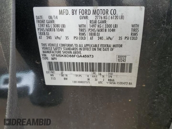 2015 Ford Explorer XLT with VIN 1FM5K8D88FGA45973, listed as a Copart auction lot 51099095 with 241,774 mi miles and Salvage Title. Bid and sale history available at carsss.com. Image 14.