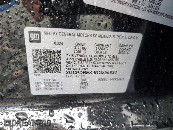 2024 Chevrolet Silverado 1500 Custom with VIN 3GCPDBEK4RG255834, listed as a Copart auction lot 52212395 with 8,945 mi miles and Salvage Title. Bid and sale history available at DreamBid. Image 14.
