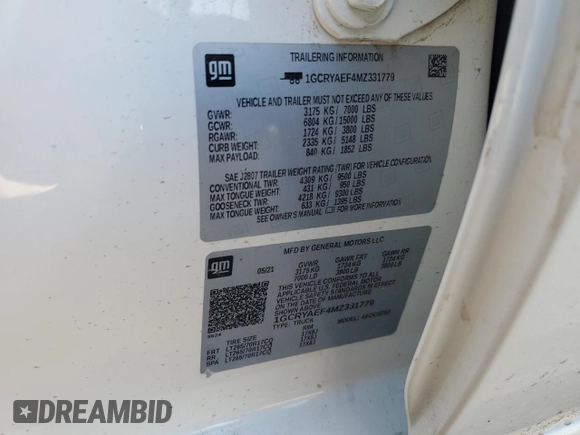 2021 Chevrolet Silverado 1500 Work Truck with VIN 1GCRYAEF4MZ331779, listed as a Copart auction lot 46589905 with 97,701 mi miles and Salvage Title. Bid and sale history available at DreamBid. Image 13.