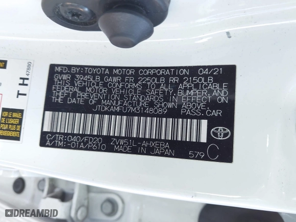 2021 Toyota Prius L Eco with VIN JTDKAMFU7M3148089, listed as a IAAI auction lot 41614915 with 119,725 mi miles. Bid and sale history available at carsss.com. Image 9.