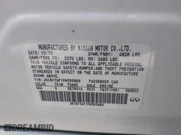 2015 Infiniti Q50 Premium with VIN JN1BV7AP1FM355889, listed as a IAAI auction lot 42212761 with 89,516 mi miles and . Bid and sale history available at DreamBid. Image 9.