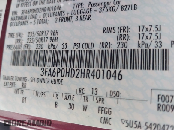 2017 Ford Fusion SE z VIN 3FA6P0HD2HR401046, wystawiony jako IAAI lot #41965539 z przebiegiem 92 664 mil mil oraz . Historia ofert i sprzedaży dostępna na DreamBid. Obrazek 9.
