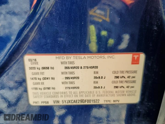 2016 Tesla Model X 70D z VIN 5YJXCAE29GF001522, wystawiony jako Copart lot #56571115 z przebiegiem 129 924 mil mil oraz Szkody całkowita. Historia ofert i sprzedaży dostępna na DreamBid. Obrazek 13.