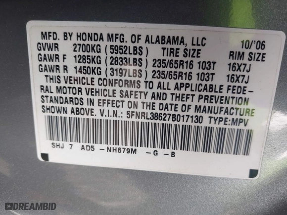 2007 Honda Odyssey EX-L with VIN 5FNRL38627B017130, listed as a IAAI auction lot 41757240 with 205,137 mi miles. Bid and sale history available at carsss.com. Image 9.