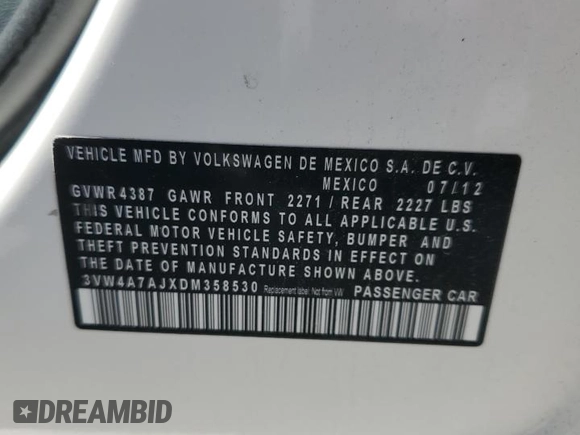 2013 Volkswagen Jetta GLI Autobahn with VIN 3VW4A7AJXDM358530, listed as a Copart auction lot 48483335 with 149,341 mi miles and Salvage Title. Bid and sale history available at DreamBid. Image 12.