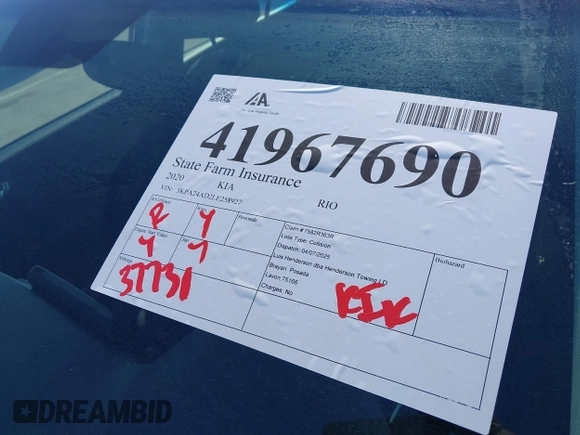 2020 Kia Rio LX with VIN 3KPA24AD2LE258927, listed as a IAAI auction lot 41967690 with 37,731 mi miles and . Bid and sale history available at DreamBid. Image 17.