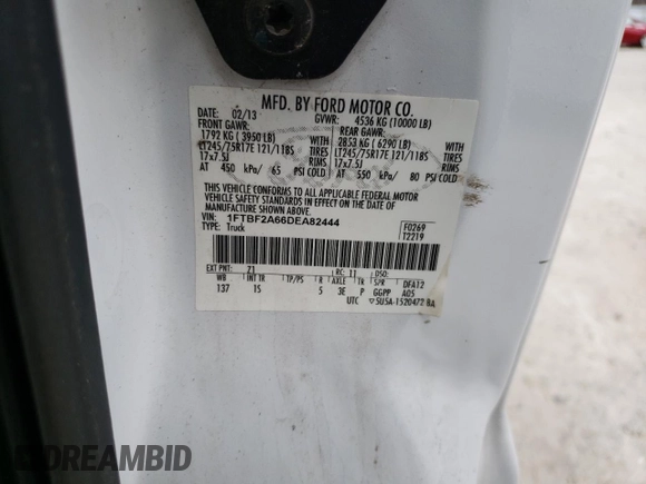 2013 Ford F-250 XL with VIN 1FTBF2A66DEA82444, listed as a Copart auction lot 50508725 with 123,309 mi miles and Clean Title. Bid and sale history available at DreamBid. Image 12.