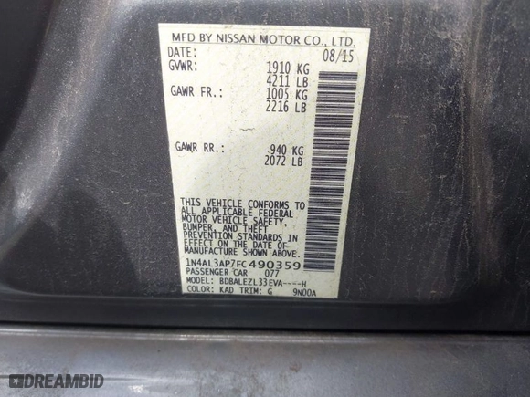 2015 Nissan Altima 2.5 S with VIN 1N4AL3AP7FC490359, listed as a IAAI auction lot 41848171 with 85,819 mi miles. Bid and sale history available at carsss.com. Image 9.