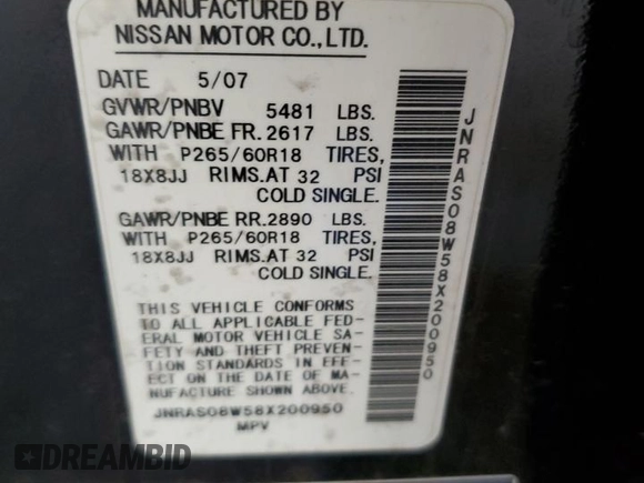 2008 Infiniti FX35 with VIN JNRAS08W58X200950, listed as a Copart auction lot 77181374 with 124,916 mi miles and Clean Title. Bid and sale history available at carsss.com. Image 12.