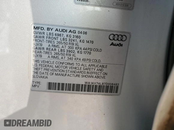 2007 Audi Q7 with VIN WA1AV74L87D006483, listed as a Copart auction lot 58687125 with 145,883 mi miles and Clean title. Bid and sale history available at DreamBid. Image 13.